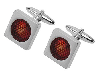Brush Silver Cufflinks With Red Enamel