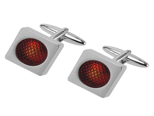 624-24R1 Brush Silver Cufflinks With Red Enamel
