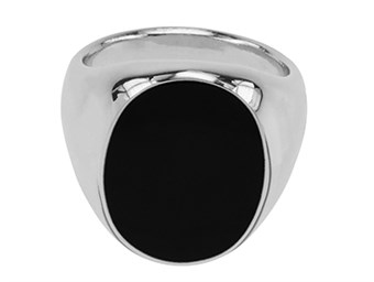 Oval Black Enamel Silver Mens Ring