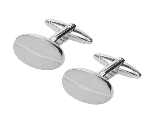 111-4R2 Shiny Brush Silver Oval Cufflinks
