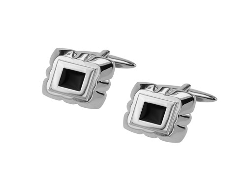 Silver rhodium square cuff links with black striped enamel design