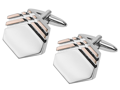 662-4RY Silver and Rose Gold Grooves Hexagon Cufflinks