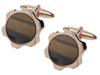 663-18Y1 Rose Gold Wheel Tiger Eye Cufflinks