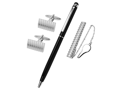 Brushed Silver Stripes Cufflinks Tie Clip and Pen Set