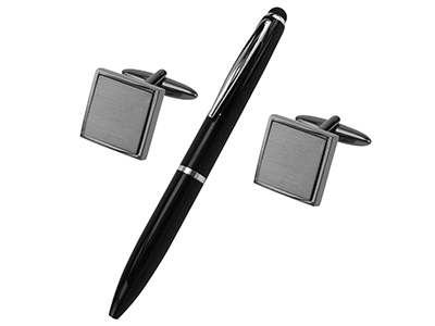 Brushed Gunmetal Square Cufflinks and Pen Set