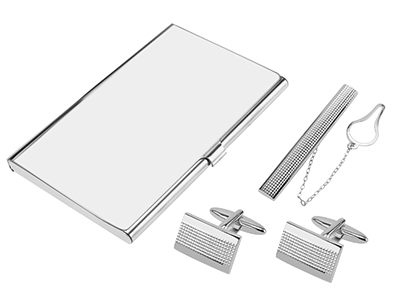 Silver Grid Cufflinks Tie Clip and Card Holder Set