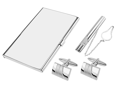 SET638-23R2 Silver Cufflinks Tie Clip and Card Holder Set