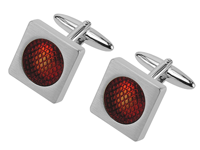 624-24R1 Brush Silver Cufflinks With Red Enamel