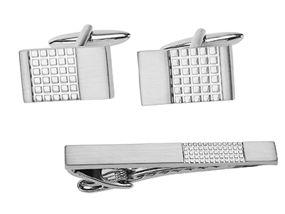 TN-874R2 Brush Silver Grid Cufflinks and Tie Clip Set