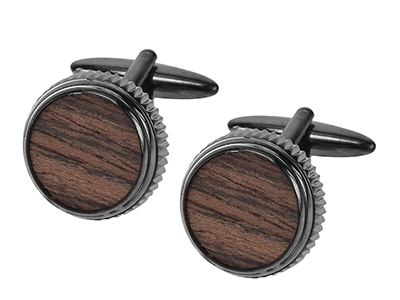 1874-5GM Gunmetal Round Wooden Cufflinks Men