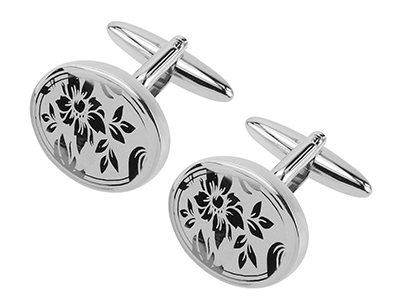 641-3R2 Brushed Black Flower Round Cufflinks