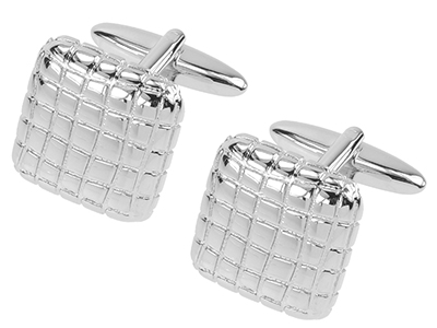 613-9R Plain Silver Etched Grid Soft Square Brass Cufflinks