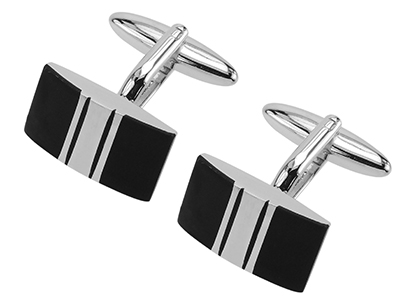 641-10R Silver Curved Black Enamel Shirt Cufflinks