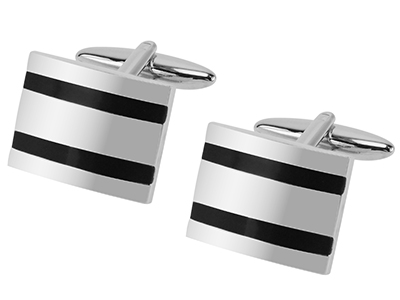 TN-1390R Silver Double Black Enamel Stripes Cufflinks