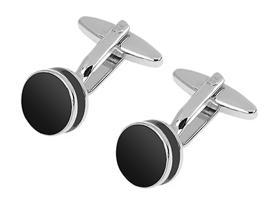 163-17R Double Layer Black Enamel Round Cufflinks