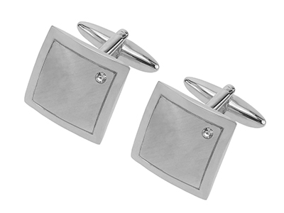 601-16R2 Brush Silver Crystal Square Cufflinks