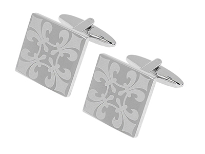 602-12R2 Silver Laser Engraved Fleur De Lis Cufflinks