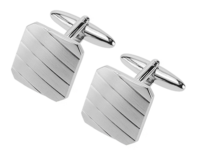 639-9R2 Silver Diagonal Etched Stripes Square Cufflinks