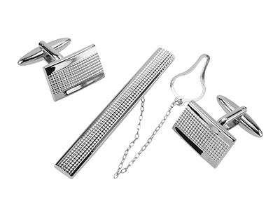 TN-2371R+161-24R Silver Grid Cufflinks and Tie Clip Set