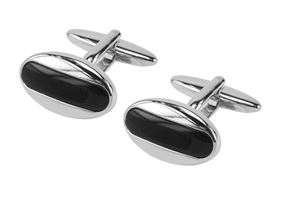 653-10R Silver Black Gemstone Onyx Oval Cufflinks