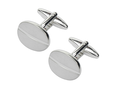 111-4R2 Shiny Brush Silver Oval Cufflinks