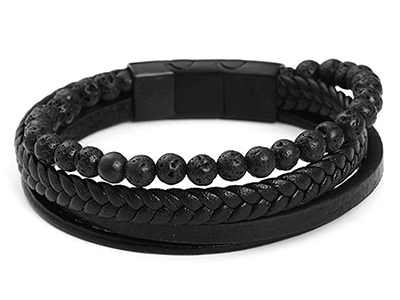 SSB0143BK1 Lava Rock Stone Black Braided Leather Stainless Steel