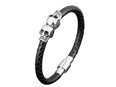 SSB0148R Skull Black Braided Leather Stainless Steel Bracelet