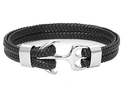 SSB0149R Anchor Black Braided Leather Bracelet