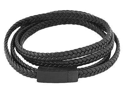 SSB0150BK1 Braided Leather Bracelet with Black Magnetic Clasp